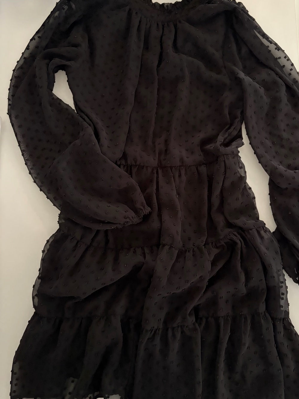 Black Swiss Dot Long-Sleeve Tiered Dress